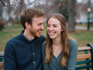 Fototapeta premium Happy young couple laughing together on park bench