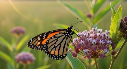 Obraz premium Monarch Butterfly Feeding on Delicate Pink Milkweed Flower in Soft Morning Sunlight