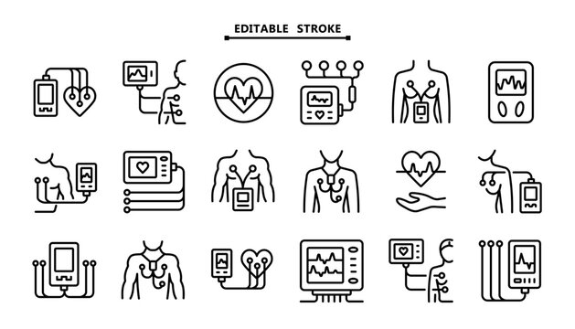 Outline Cardiogram Icon Set: Editable Vector Symbols for Holter Monitor System, Heart Rate Analysis and Medical Technology
