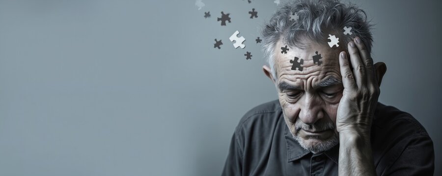 Elderly man looks confused as puzzle pieces fall from his head. Represents memory loss and cognitive decline. He holds his head in distress and worry.