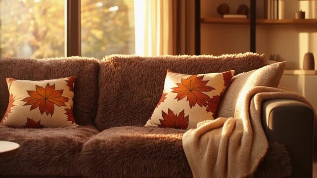 Cozy living room sofa corner with autumn pillows and blanket