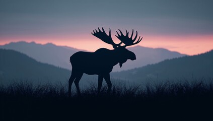 Fototapeta premium Moose Stands on Grass With Mountains and Sunset in the Background During Twilight Hours