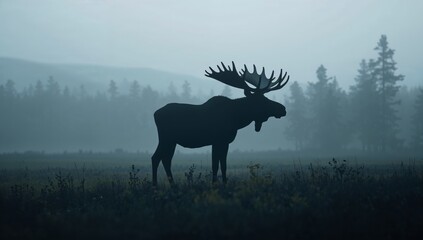 Fototapeta premium Moose Stands on Grass With Mountains and Sunset in the Background During Twilight Hours