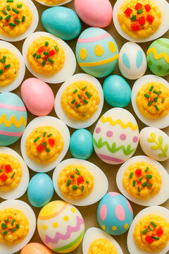 Top view of colorful deviled eggs and decorated Easter eggs in a seamless pattern