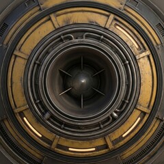 Obraz premium Detailed abstract close-up of a futuristic industrial machine core. Features weathered metal, concentric rings, pipes, and glowing orange light elements. Perfect for technology and sci-fi themes.