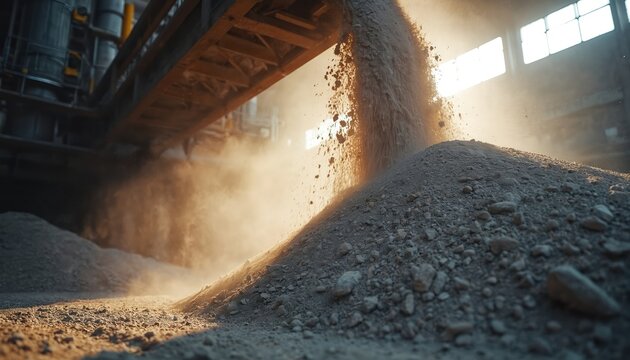Cement clinker cascades from conveyor belt into storage pile creating dust. Industrial factory scene with raw material processing and bulk aggregate for construction.