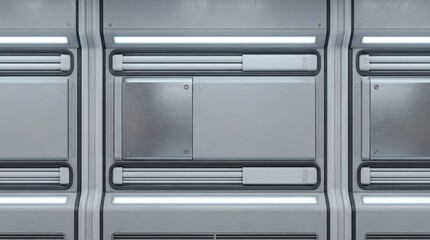 Fototapeta premium High-tech, seamless background of a futuristic metallic wall panel with glowing light strips. Ideal for sci-fi, technology, and modern industrial designs.