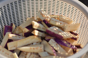 Close up of chopped eggplant pieces ready for cooking