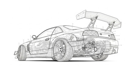 Detailed Sketch of a Sports Car with Spoiler. © Bintang