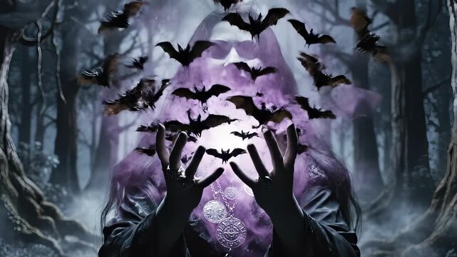 Mystical Forest Ritual - A Dark Witchs Enchanting Spell Under Moonlight.