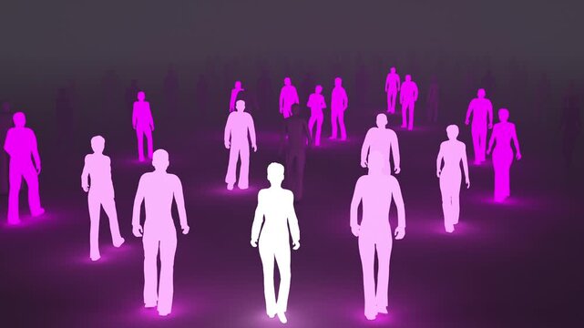 A self illuminated person spreads their light to others as they walk in a crowd.