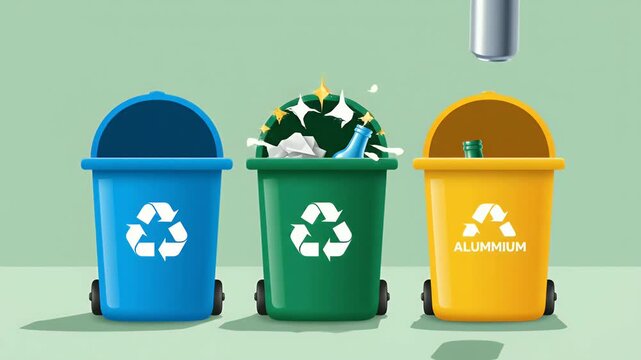 Separate recycling bins for paper, glass, and aluminum waste