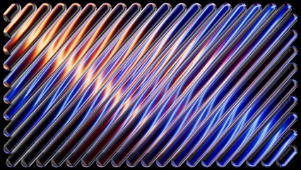 Abstract ultraviolet neon background. Rippled glass texture. 3d rendering of a vibrant abstract grid featuring diagonal lines in neon shades of blue, purple, and orange