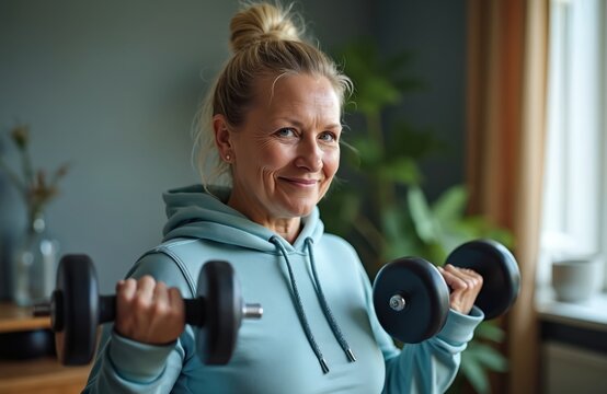 Mature woman lifts dumbbells for workout at home. She smiles while doing bicep curls and exercises in comfortable living room. Healthy lifestyle.