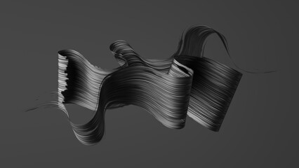 Artistic black stroke twists gracefully across soft gray. The bold movement is reminiscent of Japanese ink painting and minimal design. 3D render illustration.