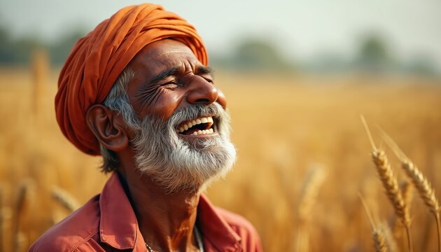 Elderly Indian farmer laughs joyfully in golden wheat field. Man wearing orange turban, his face shows happiness and relief after good harvest. Agriculture prosperity rural life.