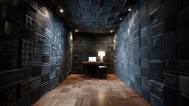 Soundproof voice booth featuring a combination of dense foam and vinyl illustrating a multilayer approach to enhancing acoustic isolation.