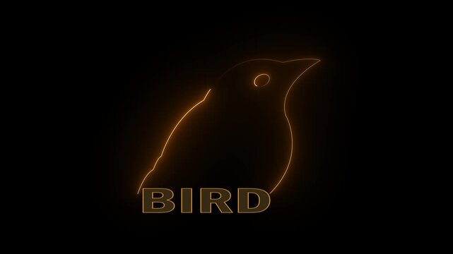 Futuristic neon singing bird symbol glowing on black background. Glowing blue neon bird silhouette animation on black background. 4k,,.