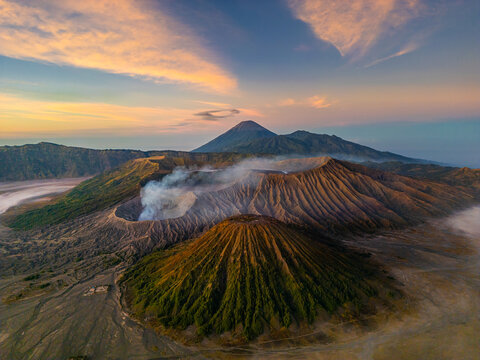 Aerial drone view of Bromo active volcano with Kingkong hill viewpoint, Tengger Semeru national park, East Java, Indonesia