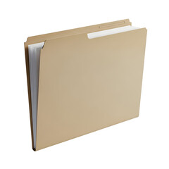Tan manila folder with white paper documents inside on beige isolated on a transparent background
