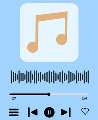 Modern Music Player App Interface with Audio Waveform and Playback Controls, vector illustration 
