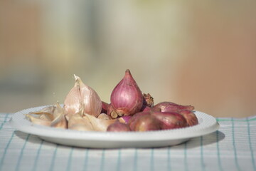 Shallot and garlic on plate with clean copy space for food background