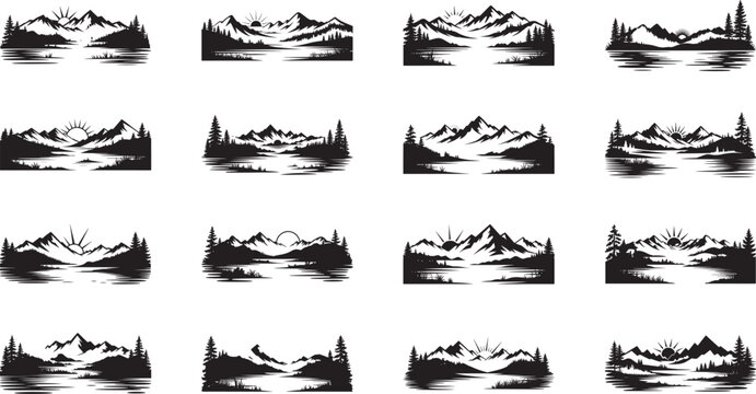 black and white mountain landscape silhouettes with trees and water