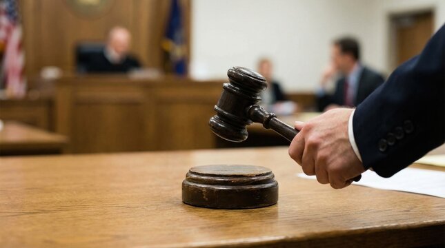 Judge Holding Gavel on Wooden Desk in Courtroom During Criminal Sentencing Procedure