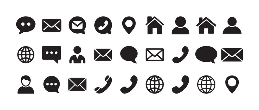 Modern contact information pictograms showing phone email address user location and digital interaction symbols