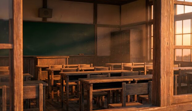夕日が差し込む日本の古い木造校舎の無人の教室、放課後のノスタルジックな風景