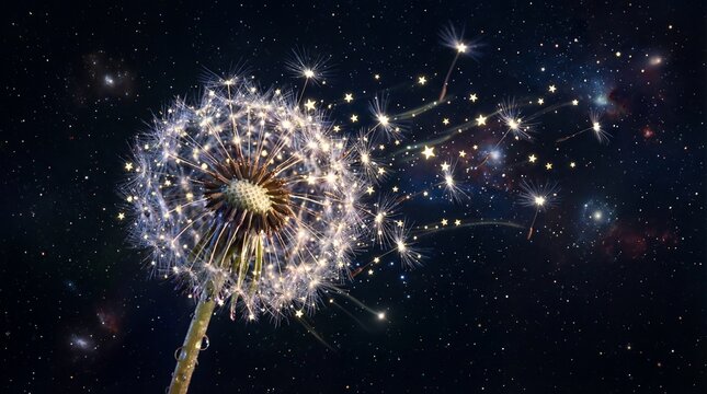 Macro photo of dandelion seed head with glowing bokeh and drifting achenes on dark starry night background for banner or website header