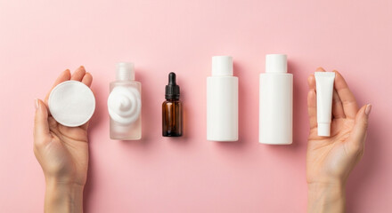 Woman hands holding facial cotton pad, foam, essential oil, serum, lotion and eye cream packaging on pink background. Beauty and cosmetic concept
