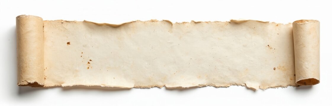 Old paper scroll with torn edges. Blank parchment unfurled, ready for writing or display. Aged texture on antique document, isolated on white backdrop.