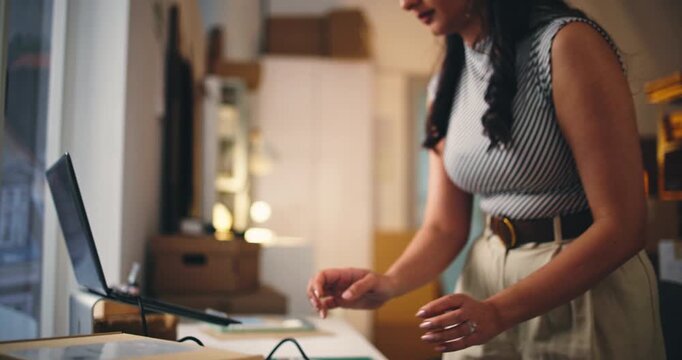 Startup, supply chain and woman with scanner and box for delivery, shipping and invoice for logistics. Business, laptop and person with package barcode for online order, distribution and ecommerce