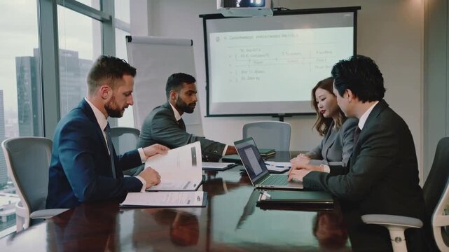 Business meeting in office with review and advice on legal project where people discussing future plan for law case research.Slow motion video.AI Generative.