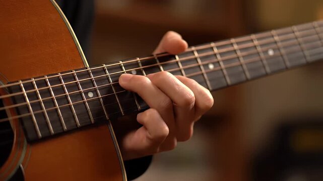Close up of Musicians Hands Playing Chords on Acoustic Guitar Fretboard