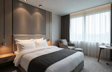 Luxury hotel bedroom with modern design. Comfortable bed, soft pillows, elegant furniture, large window with sheer curtains letting in natural light. Peaceful interior offers rest and relaxation.