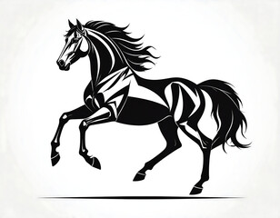 Obraz premium Dramatic black horse in profile, stylized, leaping. Manicured mane & tail, white background