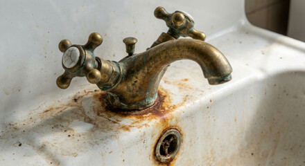 Close Up Of Old Rusty Faucet In Dirty Sink stock (137