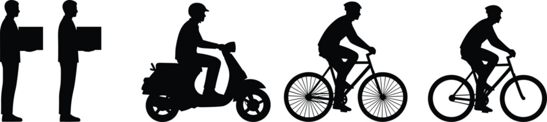 Obraz premium delivery, courier, shipping, logistics, transport, bicycle, scooter, worker, box, silhouette, vector, illustration, service, urban, black,