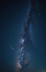 Fototapeta premium Night sky panorama features Milky Way galaxy, streaking meteor. Billions of stars populate deep blue expanse, creating cosmic background for astronomy science themes. Infinite universe view with