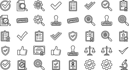 Fototapeta premium Approval, verification and quality control outline icons set with check marks, documents, stamps and shields, business validation symbols, modern line vector, isolated on white background