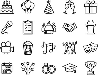 Event celebration line icons set including birthday, party, meeting, music, awards and graduation symbols, modern outline vector collection, isolated on white background