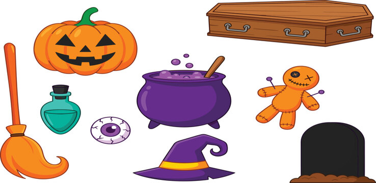 Halloween icon set featuring a carved pumpkin wooden coffin purple cauldron voodoo doll witch hat broom potion bottle and tombstone isolated on white background