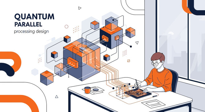 Isometric illustration of quantum parallel processing design and engineer workplace desktop