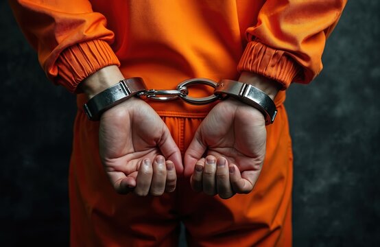 Person in orange jumpsuit with hands cuffed behind back. Imprisoned individual facing legal consequences. Justice system, crime and punishment, confinement.