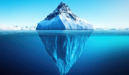 Photo of an iceberg floating in the ocean, with most of it submerged underwater and only a small portion visible above.