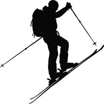 Skier silhouette jumping uphill during ski touring with backpack illustration