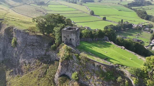 Aerial view over Peveril Castle, Castleton, Derbyshire, 4K Video.