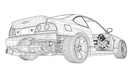 Detailed technical drawing of a sports car chassis and engine. © Agus